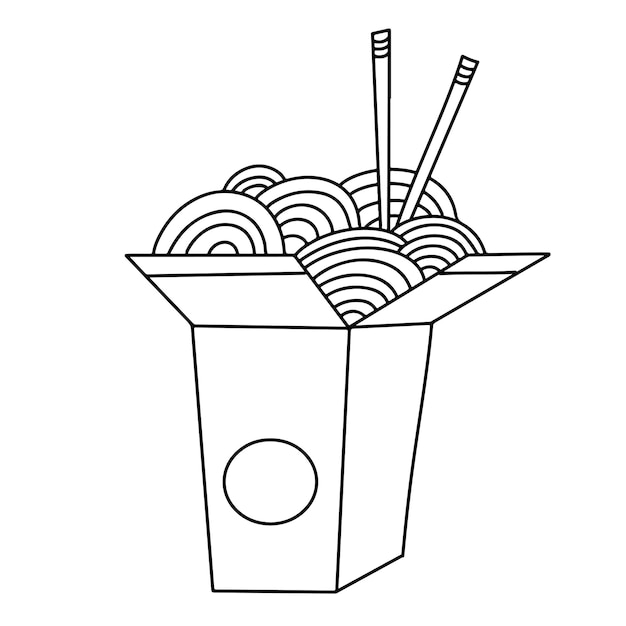 Woknoedels in meeneemkartonnen doos met eetstokjes Aziatisch eten schets doodle contourtekening
