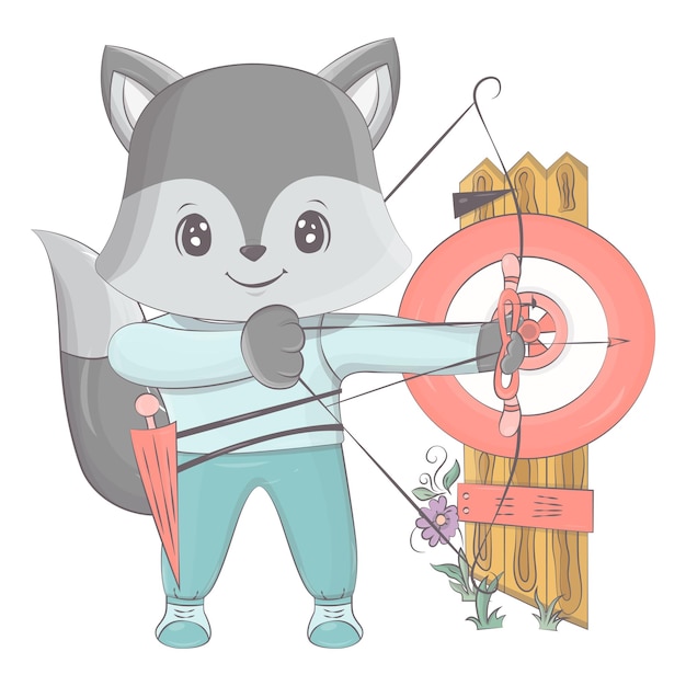 Wolf archer. Vector illustration of a cute athlete animal.