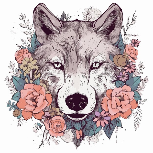 Vector wolf background illustrated with flowers and leaves wolf head illustration