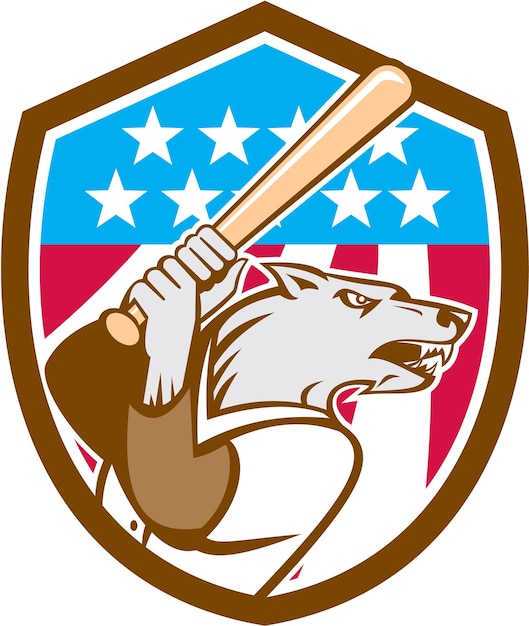 Vettore wolf baseball con bat usa stars shield retro