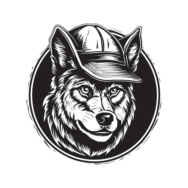 Vector wolf in boy scout vintage logo concept black and white color hand drawn illustration