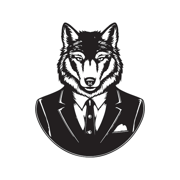 Wolf businessman vintage logo line art concept black and white color hand drawn illustration