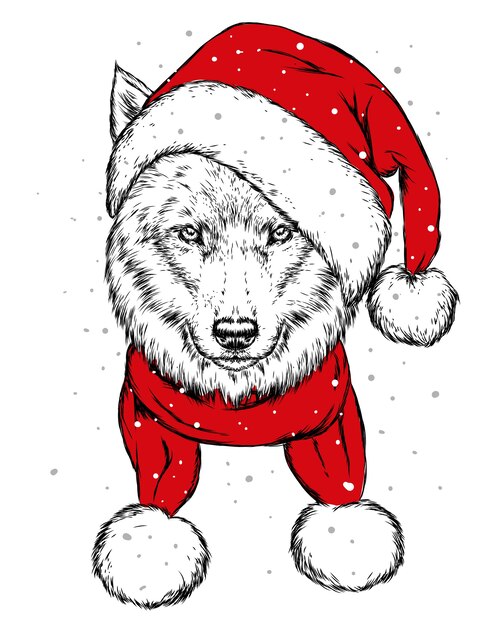 The wolf in the christmas hat. christmas, winter holidays.