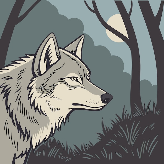 A wolf in a dark forest with the moon in the background