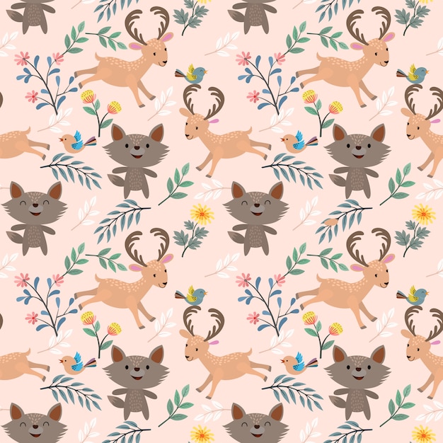 Wolf and deer in garden seamless pattern.