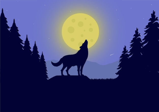 wolf die bij de volle maan in de vectorillustratie van het nachtbos huilt