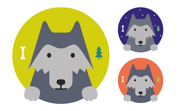 Vector wolf or dog animal set portrait in flat graphics gray wolf or dog