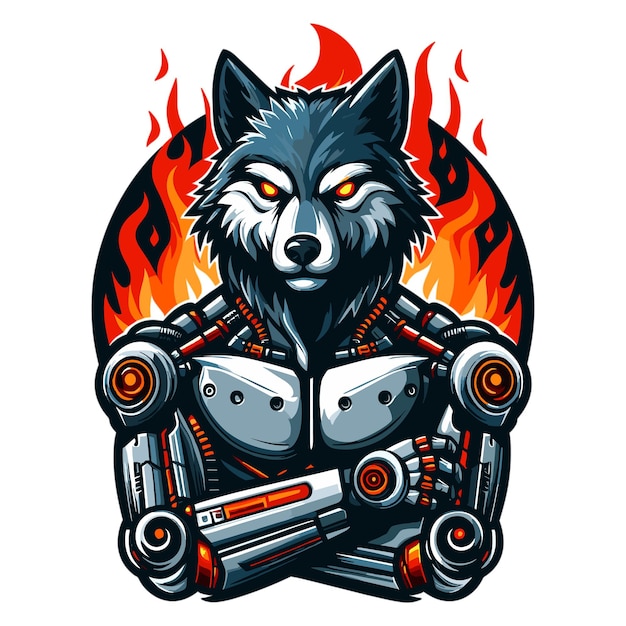 Wolf fire cyborg mascot vector illustration on white background