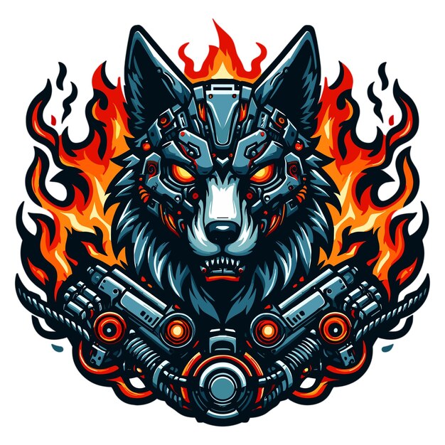 Vettore illustrazione vettoriale della mascotte del cyborg wolf fire su sfondo bianco