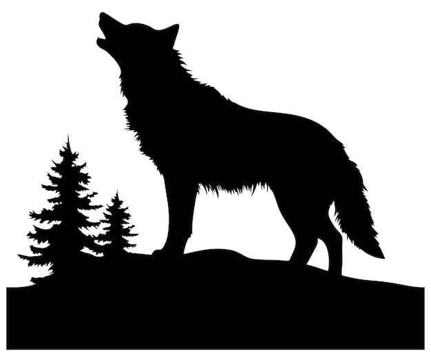 Vector wolf and forest silhouette wolf and trees silhouette wolf silhouette vector
