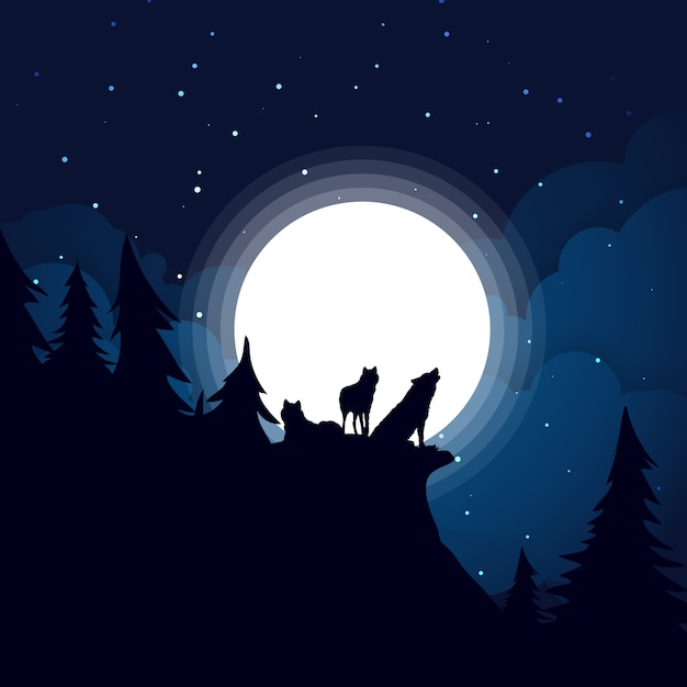 Vector wolf at a full moon during the dark night