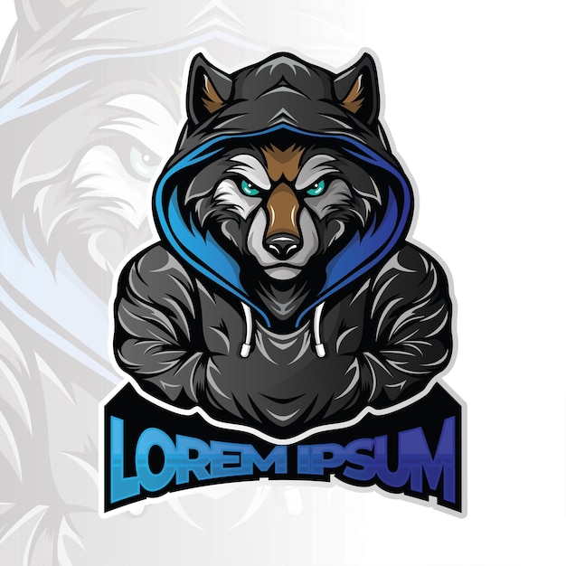 Vettore wolf gamer esport mascotte logo illustrazione volto di lupo con cappuccio giacca illustrazione design volpe