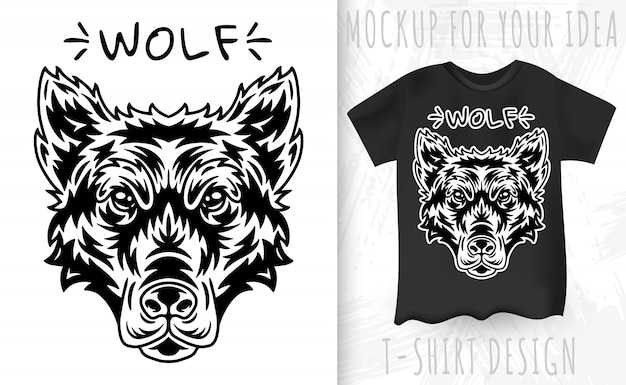 Wolf gezicht en t-shirt in vintage zwart-wit stijl