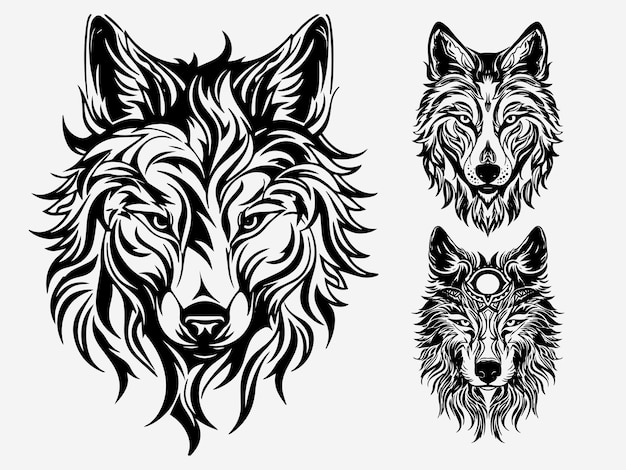 wolf head black and white illustration logo set