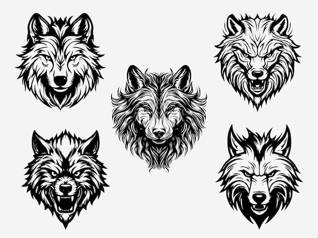 wolf head black and white illustration logo set