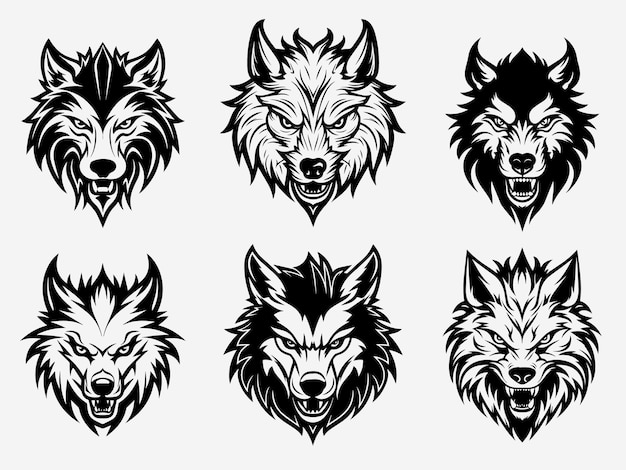 wolf head black and white illustration logo set