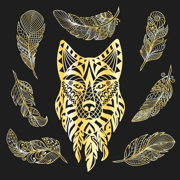 Vector wolf head in ethnic style with abstract feathers for jewelry design