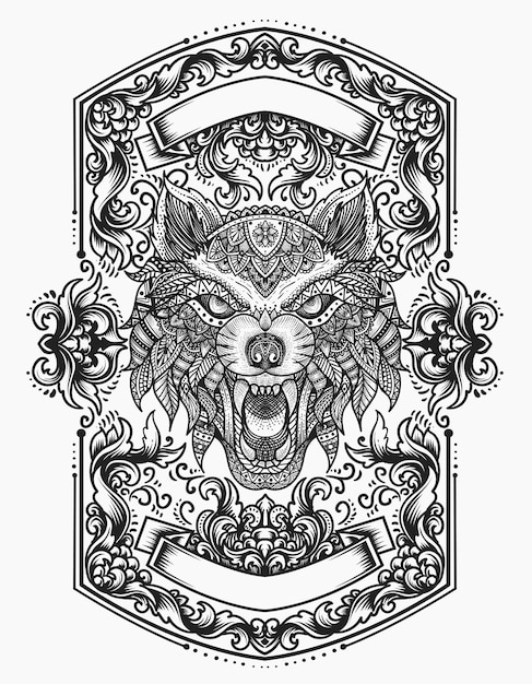 Vector wolf head mandala zentangle style with vintage ornament flame