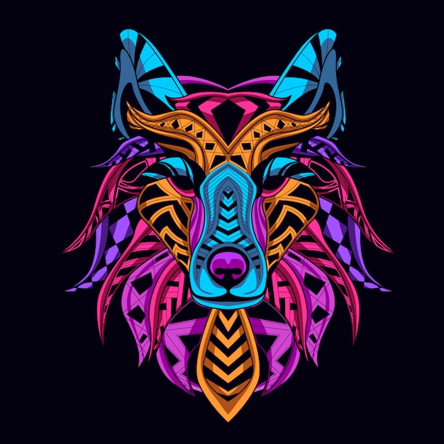 wolf head neon color style glow in the dark