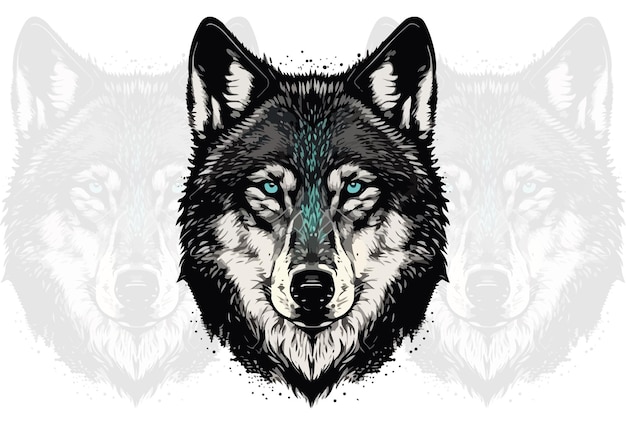 A wolf head with blue eyes and a black background.