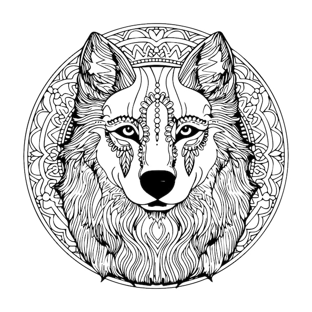 Vector a wolf head with a mandala pattern coloring page