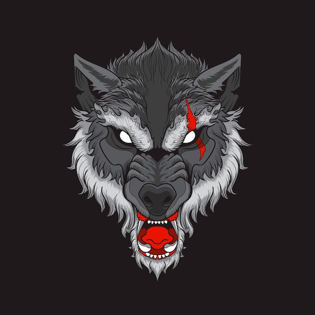 Wolf head with scar in black background