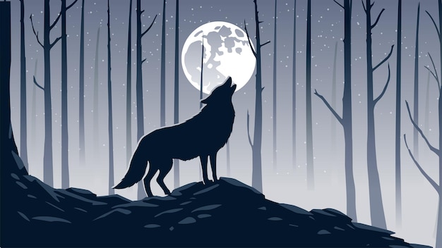 Vector wolf howling in the forest with many tall trees