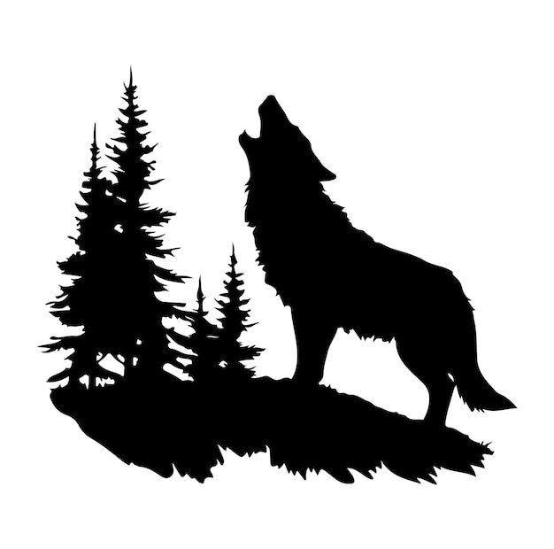Vector wolf howling at the moon with trees in the background