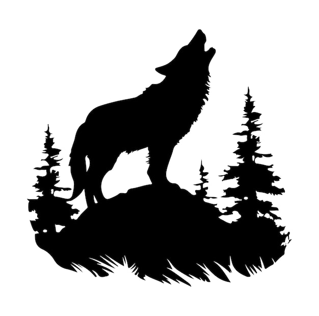 Vector wolf howling at the moon with trees in the background