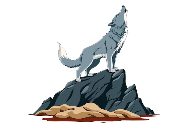 A wolf howling on a rock with a white background.