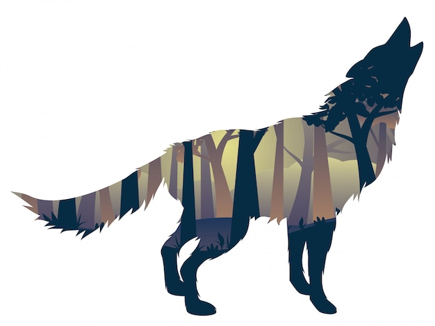 Vector wolf howling with forest