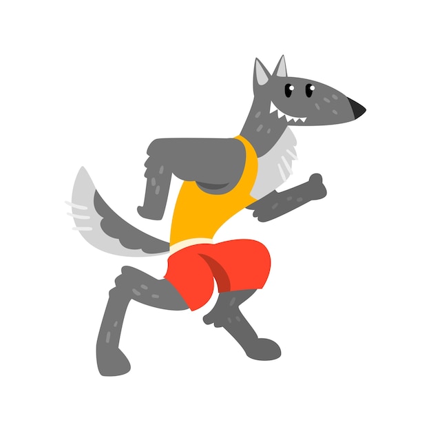 Wolf in sportuniform loopt grappig sportief wild dier personage doet sport vector illustratie geïsoleerd op een witte achtergrond