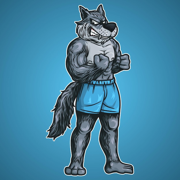 Illustrazione della mascotte del logo del lupo in piedi per il fitness