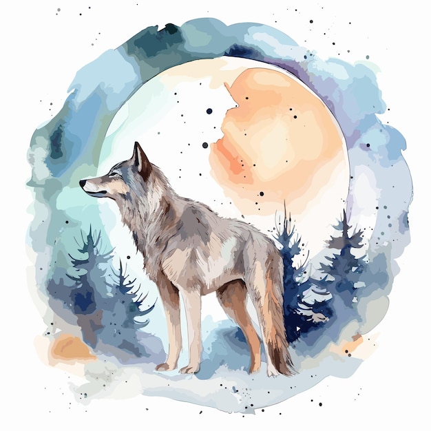 Vector wolf maan aquarel abstract hand getrokken wolf aquarel