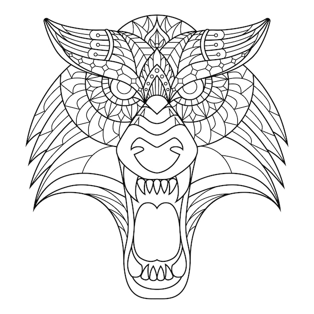 Wolf mandala zentangle illustration in lineal style coloring book