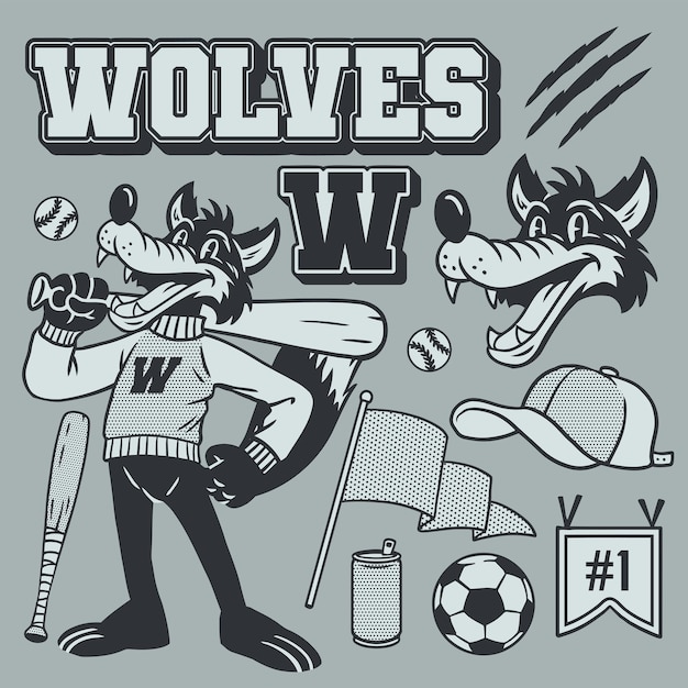 Wolf Mascot Vintage set in Hand Drawn Style