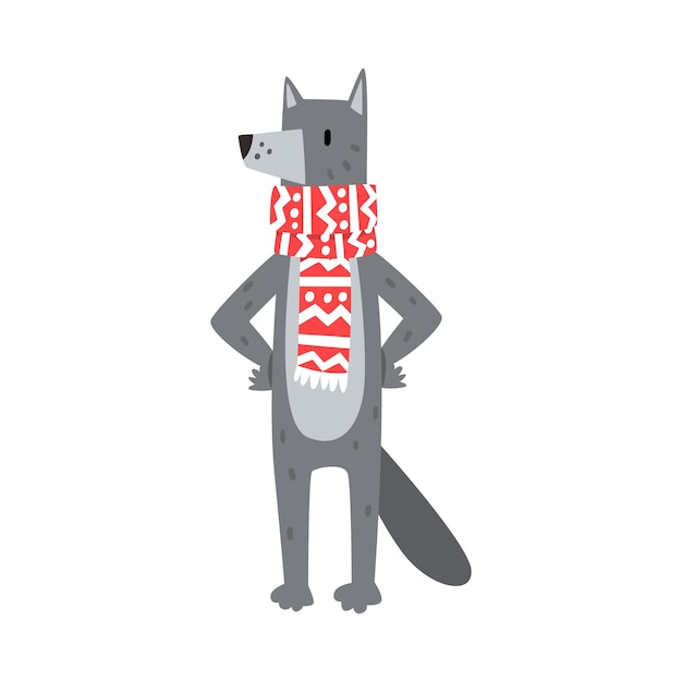 Wolf met sjaal Gehumaniseerde bosdieren in winterkleding Cartoon Vector illustratie