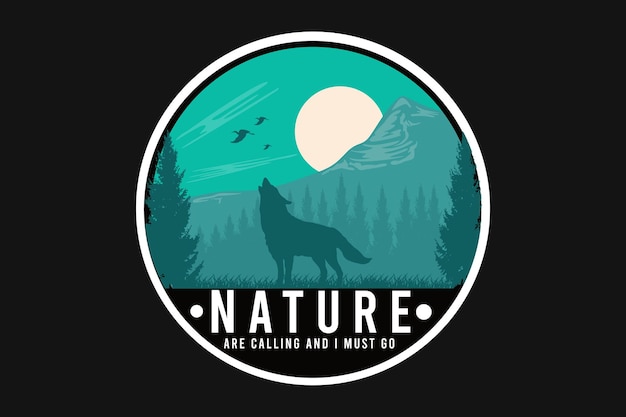 Vector wolf on the nature at the night silhouette design