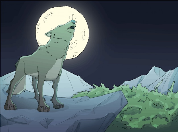 Vector wolf roared over the cliffs with full moon illustration