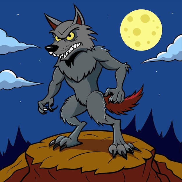 Vector a wolf on a rock with a full moon in the background