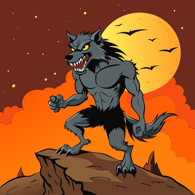 Vector a wolf on a rock with a full moon behind it