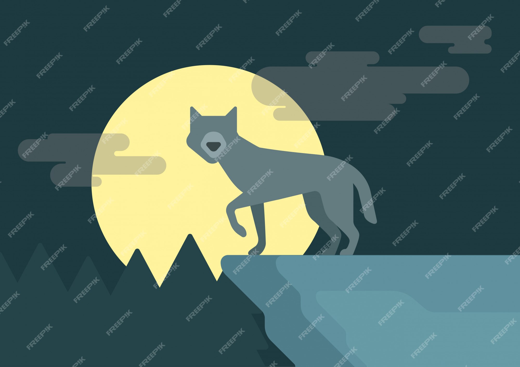 Premium Vector | Wolf on the roof rock with full moon night flat cartoon