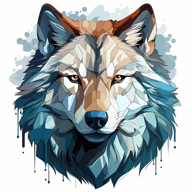 Vector wolf's head with blue and white paint splattered on it