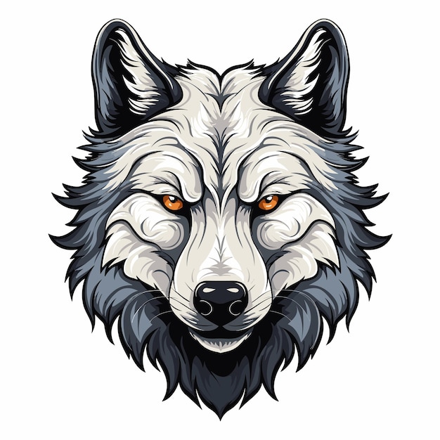 Wolf's head with orange eyes and black mane on white background