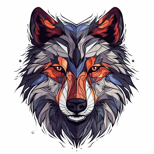 Wolf's head with orange eyes and black mane on white background