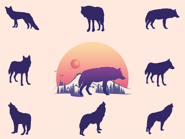 Vector wolf silhouette set vector illustration