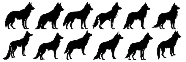 Wolf silhouettes set large pack of vector silhouette design isolated white backgroundx9