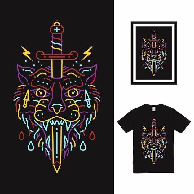 Wolf and sword line art t shirt design