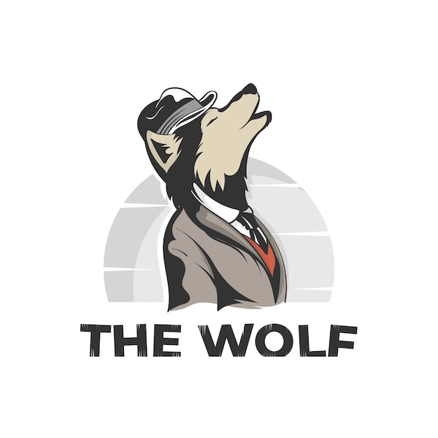 The Wolf vector illustration of a wolf wearing a classic suit and hat howling moon in background