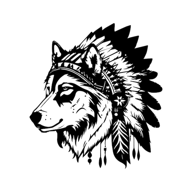 wolf wearing indian chief head accessories drawn illustration